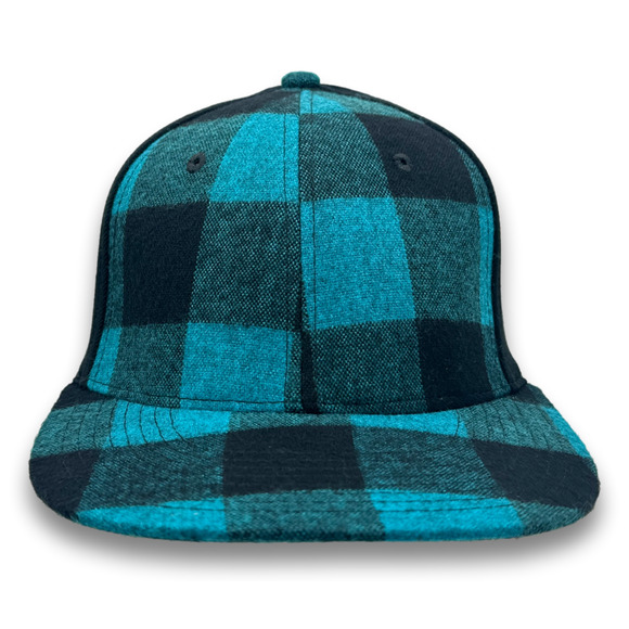 Plaid Teal Baseball Cap Flat Bill One Size Flex Fitting Spandex Lumberjack Hat - Picture 1 of 9